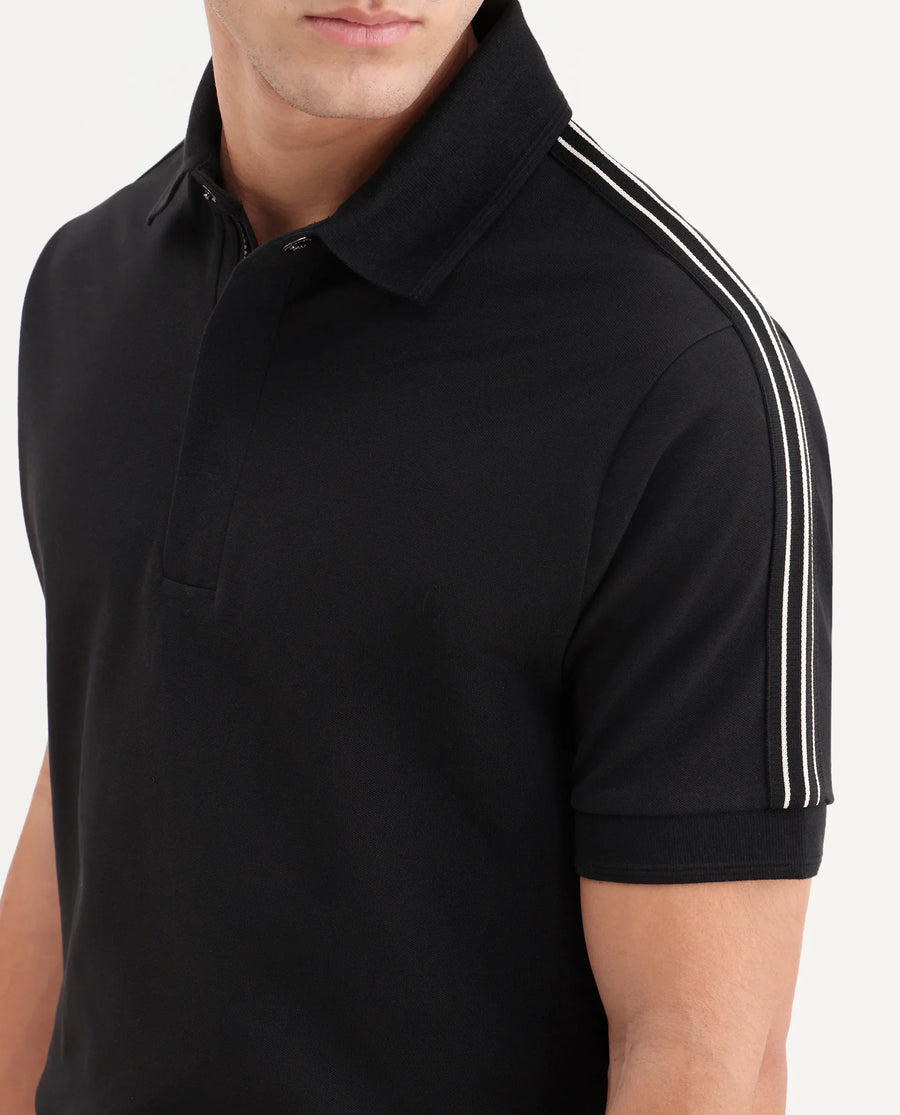 Rare Rabbit Men's Cron-S26 Black Cotton Blend Fabric Half Sleeve Spread Collar Regular Fit Plain Polo