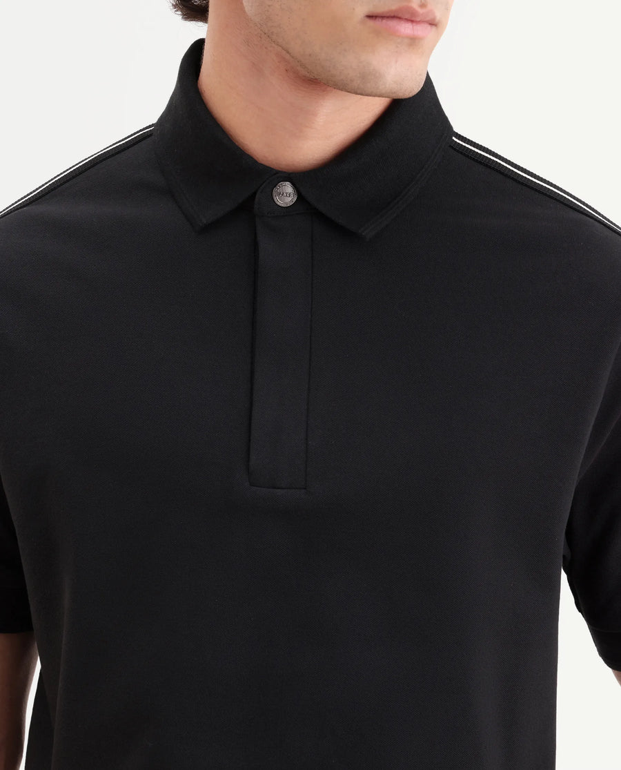 Rare Rabbit Men's Cron-S26 Black Cotton Blend Fabric Half Sleeve Spread Collar Regular Fit Plain Polo