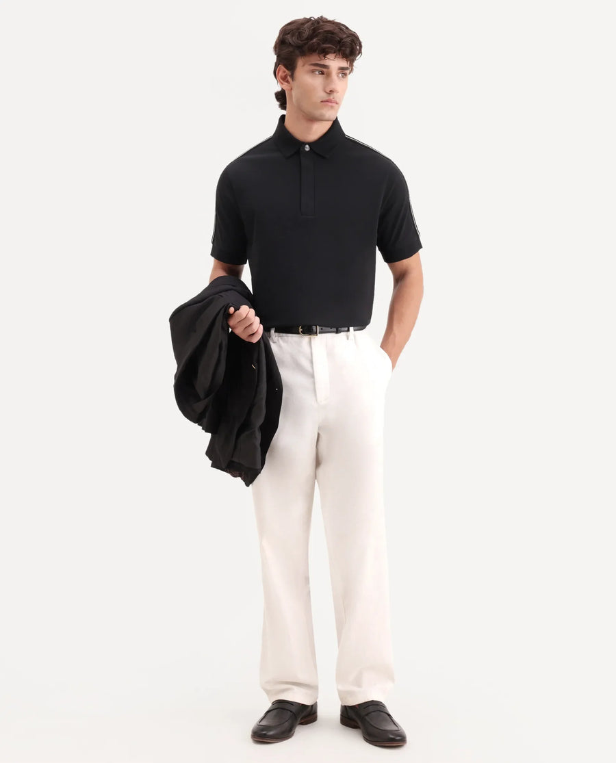 Rare Rabbit Men's Cron-S26 Black Cotton Blend Fabric Half Sleeve Spread Collar Regular Fit Plain Polo