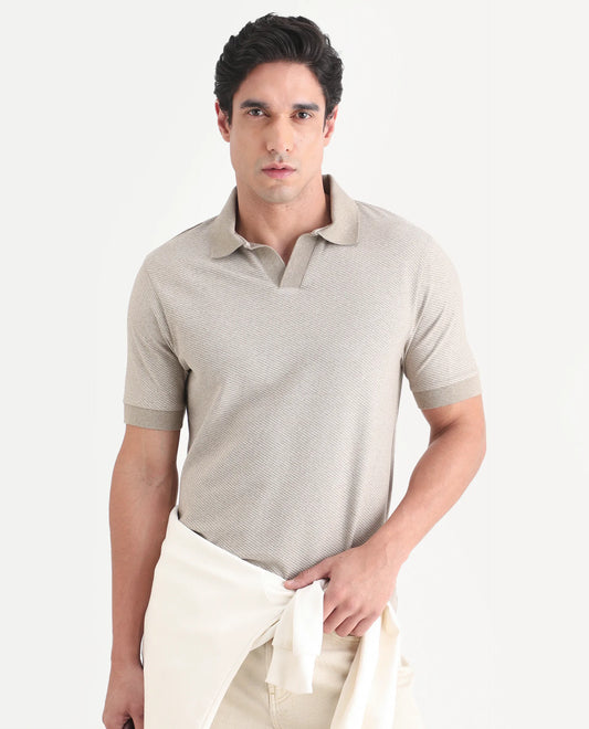 Rare Rabbit Men's Digi Beige Cotton Blend Fabric Half Sleeve Johnny Collar Regular Fit Plain Polo