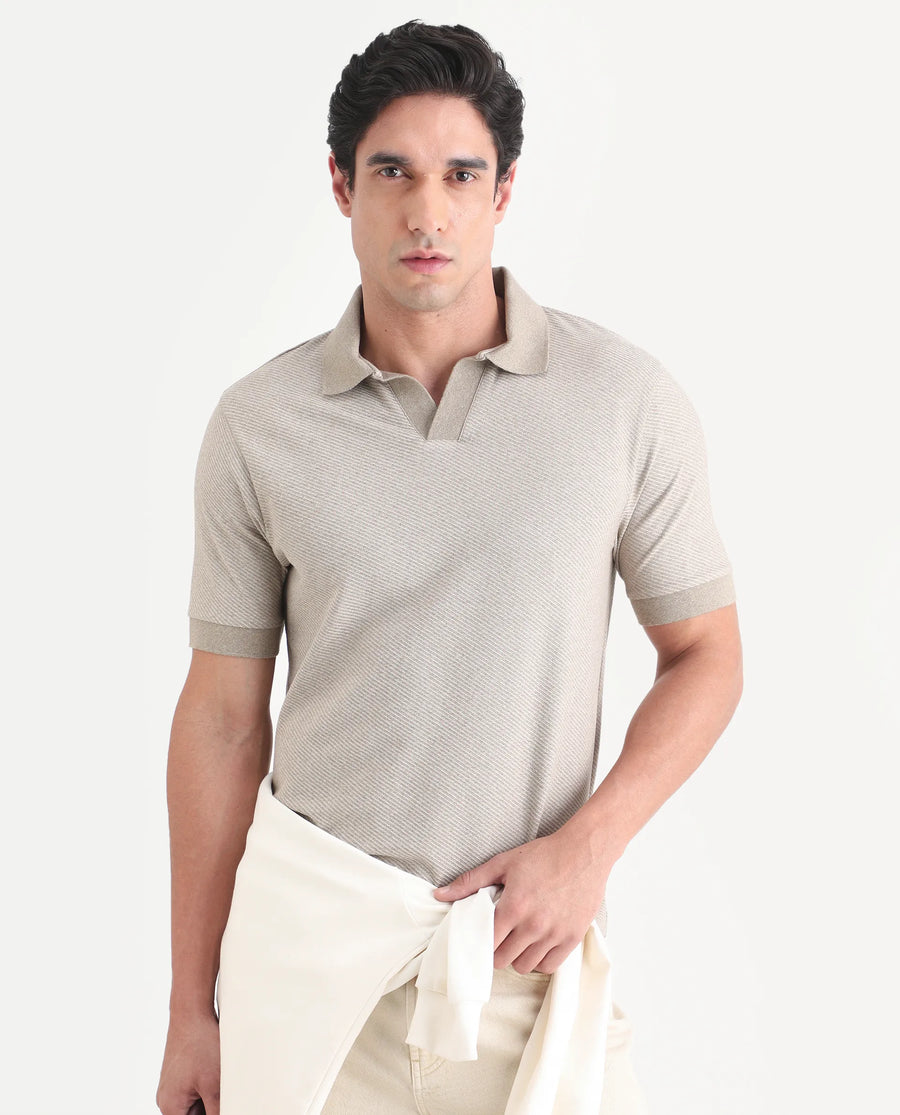 Rare Rabbit Men's Digi Beige Cotton Blend Fabric Half Sleeve Johnny Collar Regular Fit Plain Polo