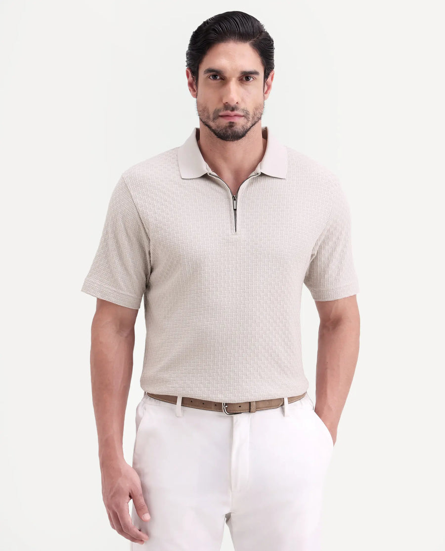 Rare Rabbit Men's Envo Dusky Beige Cotton Fabric Half Sleeve Spread Collar Regular Fit Textured Polo
