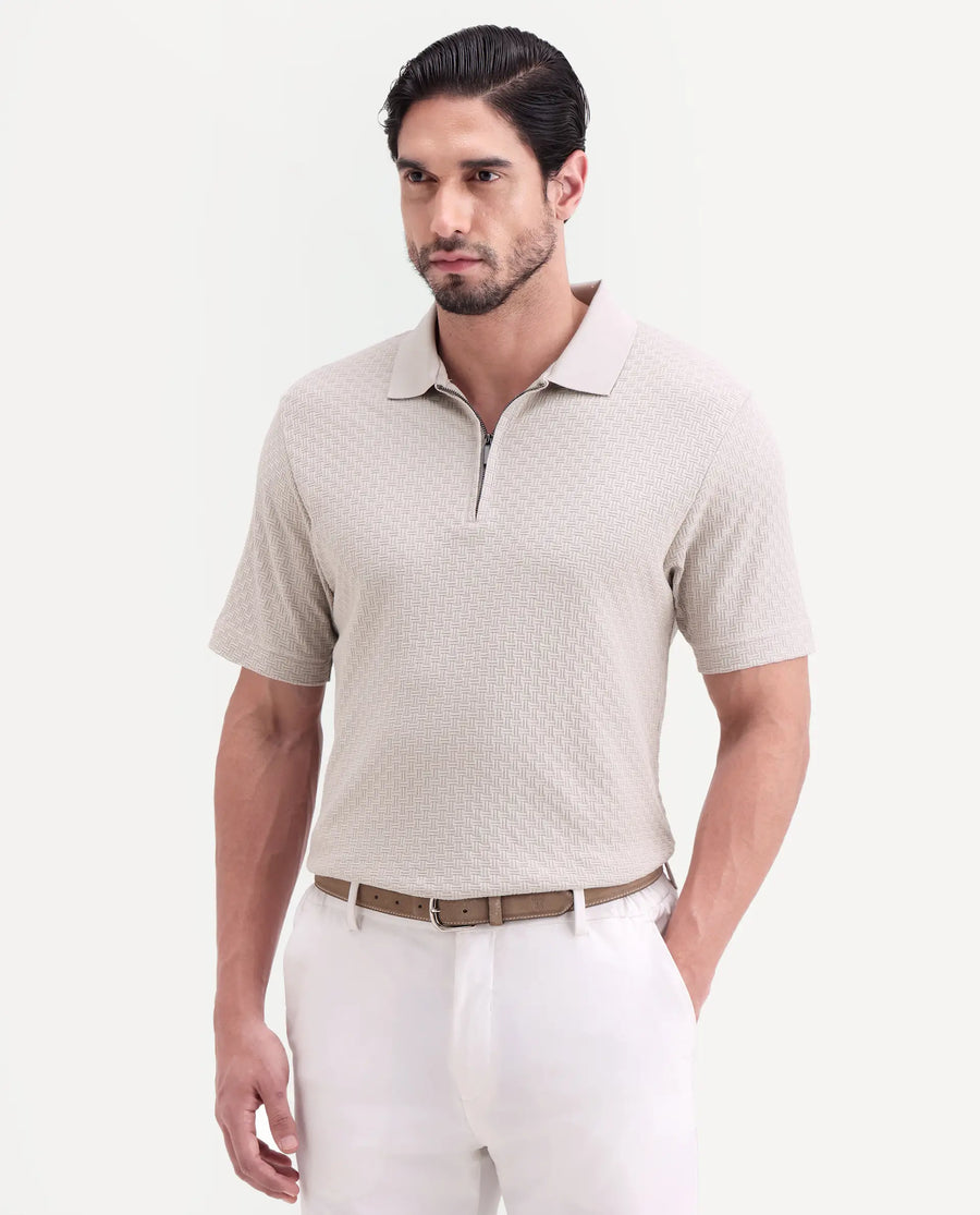 Rare Rabbit Men's Envo Dusky Beige Cotton Fabric Half Sleeve Spread Collar Regular Fit Textured Polo