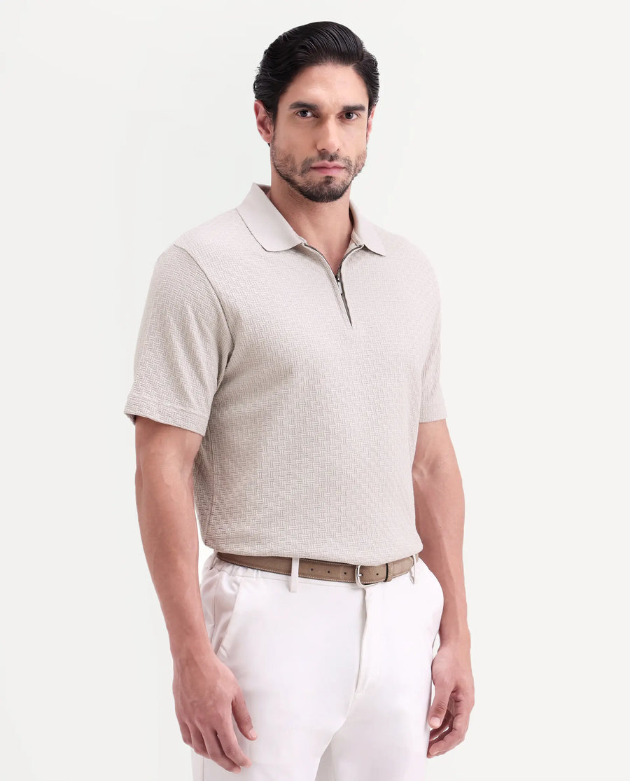 Rare Rabbit Men's Envo Dusky Beige Cotton Fabric Half Sleeve Spread Collar Regular Fit Textured Polo