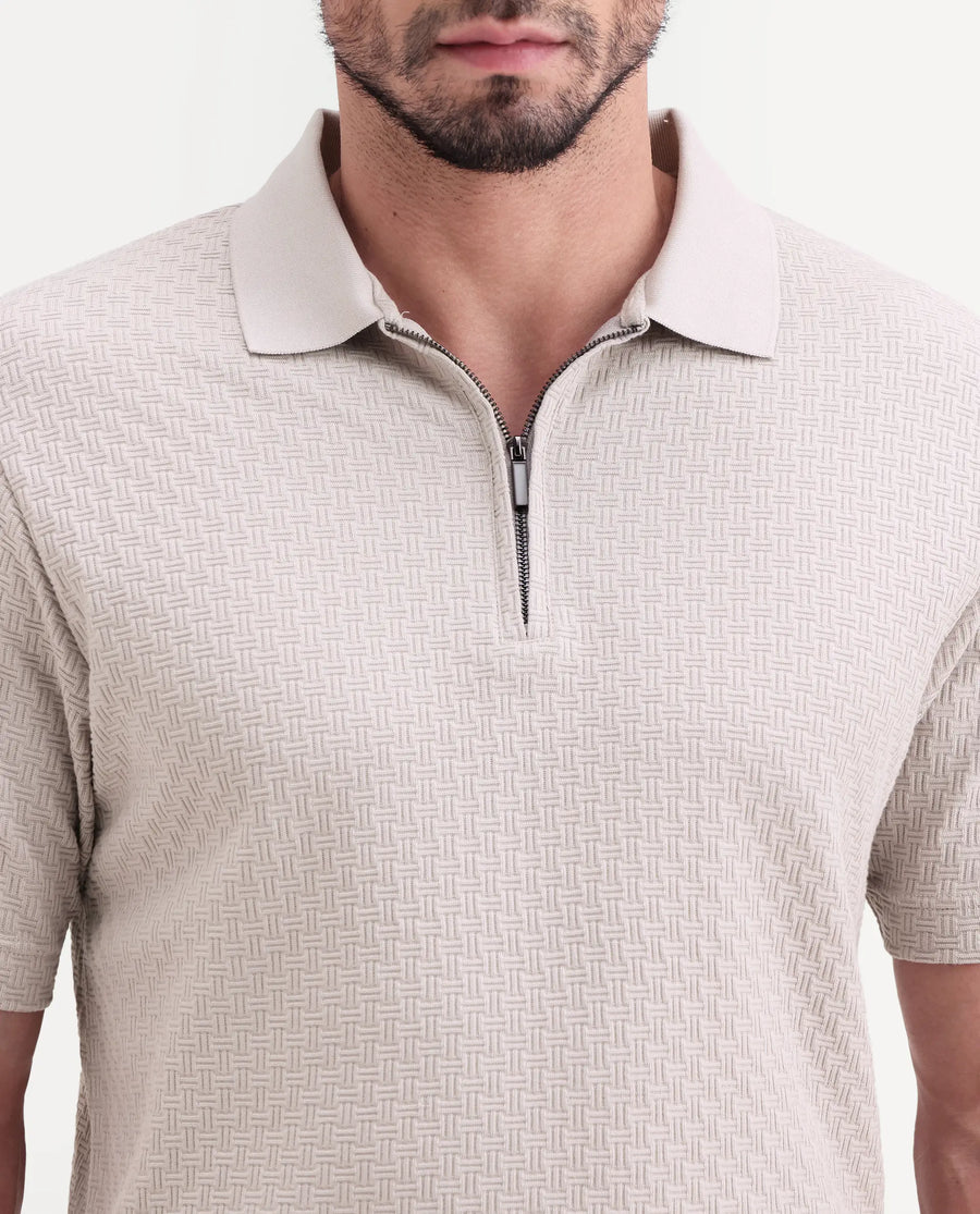 Rare Rabbit Men's Envo Dusky Beige Cotton Fabric Half Sleeve Spread Collar Regular Fit Textured Polo