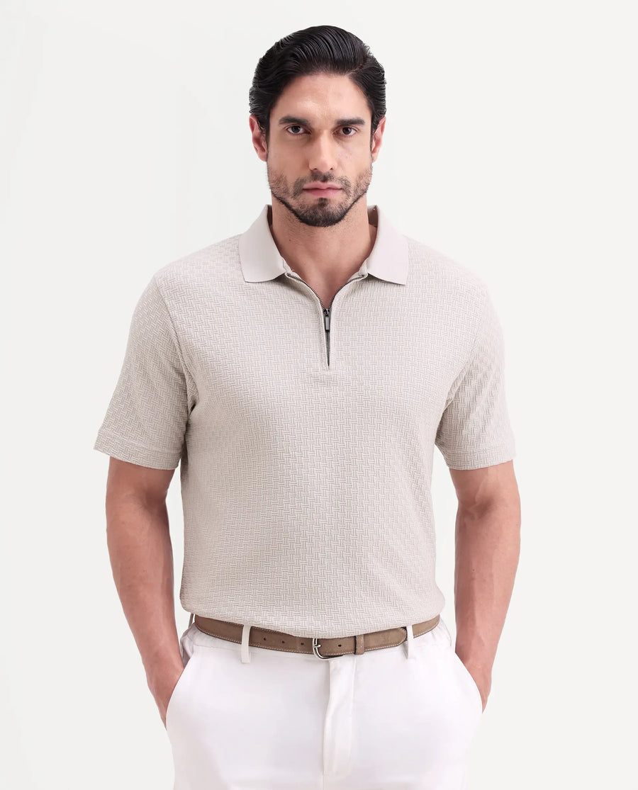 Rare Rabbit Men's Envo Dusky Beige Cotton Fabric Half Sleeve Spread Collar Regular Fit Textured Polo