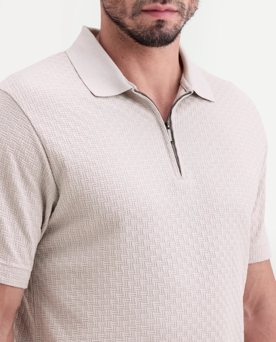Rare Rabbit Men's Envo Dusky Beige Cotton Fabric Half Sleeve Spread Collar Regular Fit Textured Polo