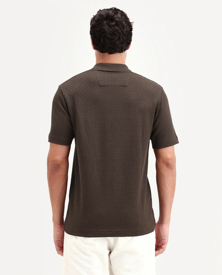Rare Rabbit Men's Envo Brown Cotton Fabric Half Sleeve Spread Collar Regular Fit Textured Polo