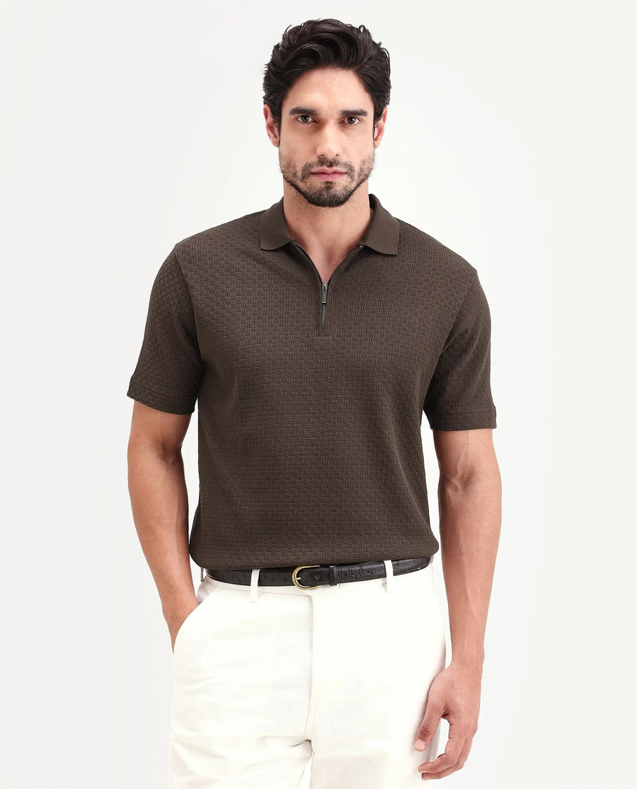 Rare Rabbit Men's Envo Brown Cotton Fabric Half Sleeve Spread Collar Regular Fit Textured Polo