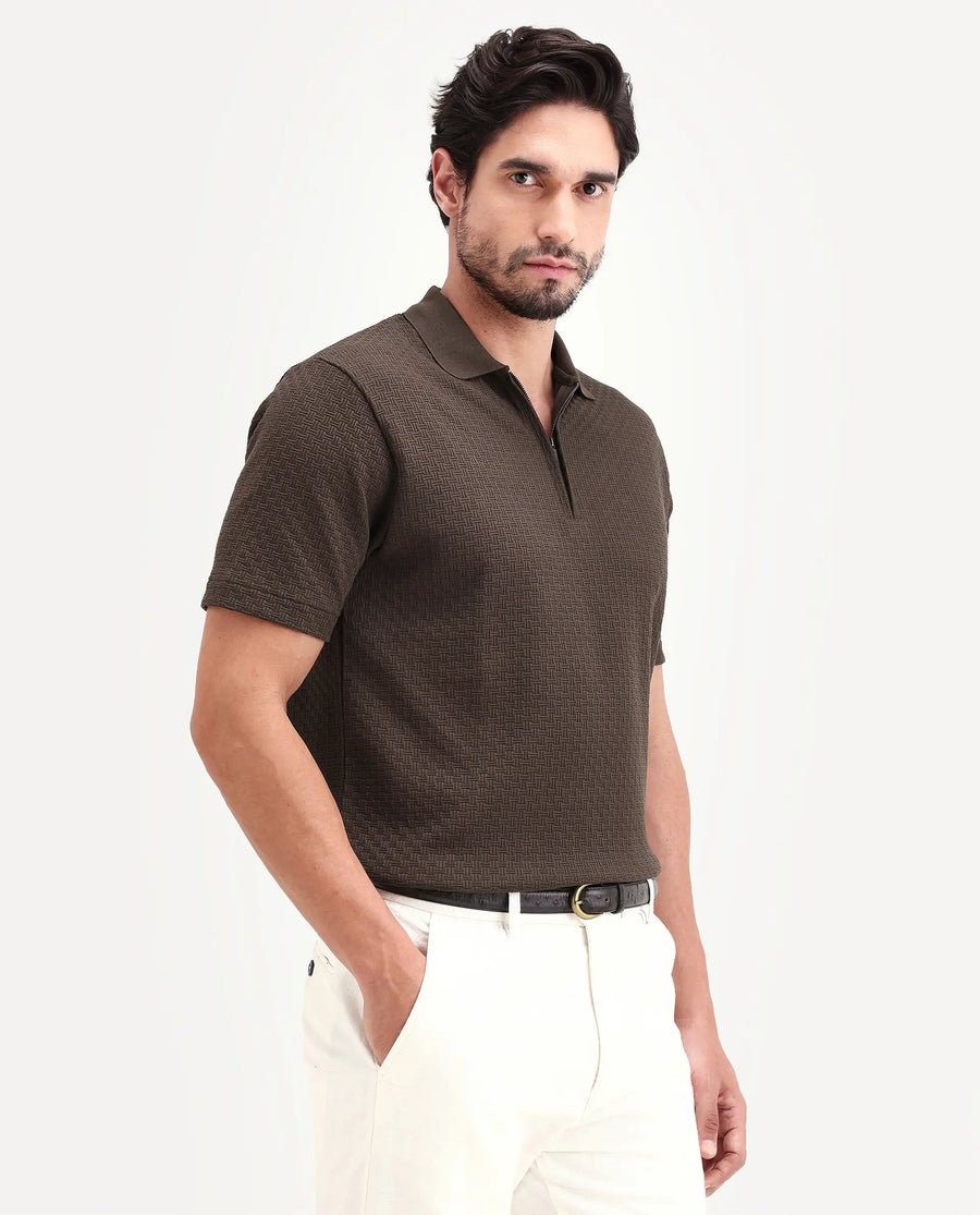 Rare Rabbit Men's Envo Brown Cotton Fabric Half Sleeve Spread Collar Regular Fit Textured Polo