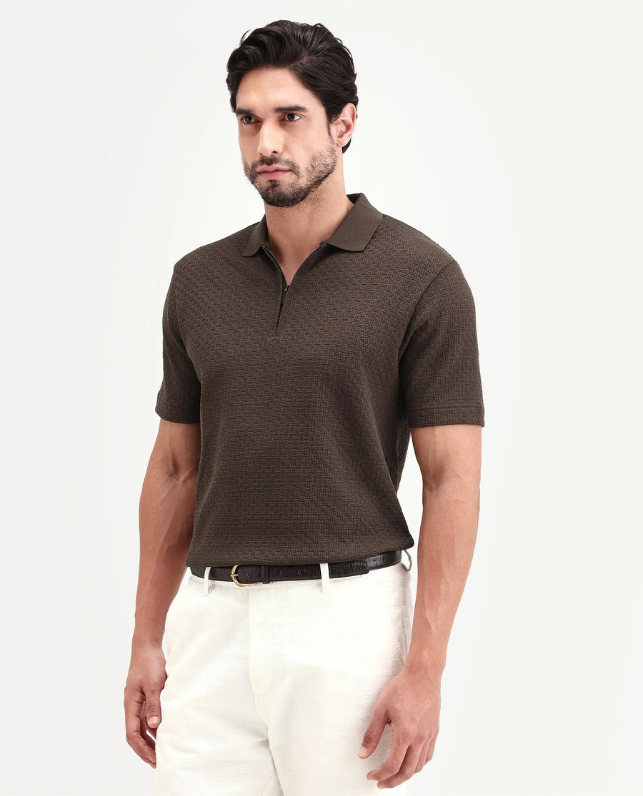 Rare Rabbit Men's Envo Brown Cotton Fabric Half Sleeve Spread Collar Regular Fit Textured Polo