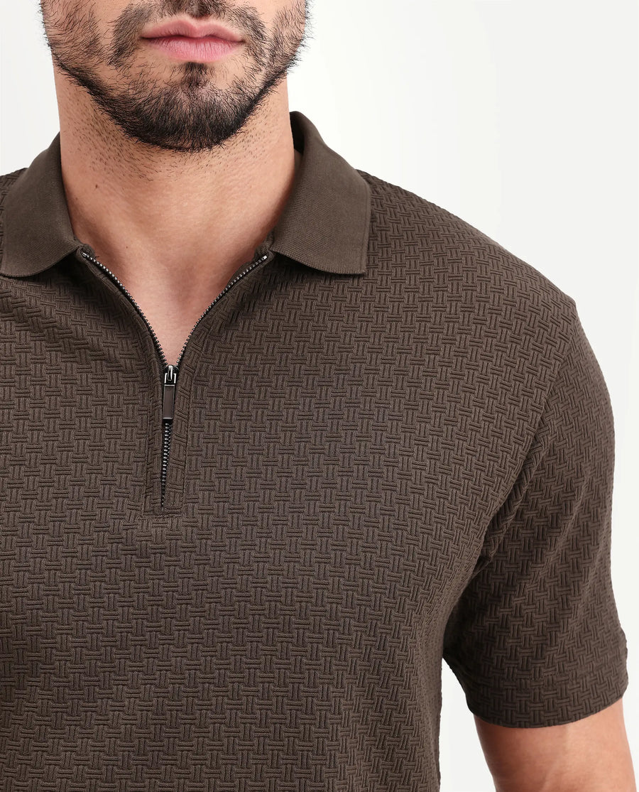 Rare Rabbit Men's Envo Brown Cotton Fabric Half Sleeve Spread Collar Regular Fit Textured Polo