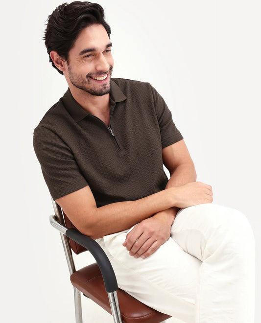 Rare Rabbit Men's Envo Brown Cotton Fabric Half Sleeve Spread Collar Regular Fit Textured Polo