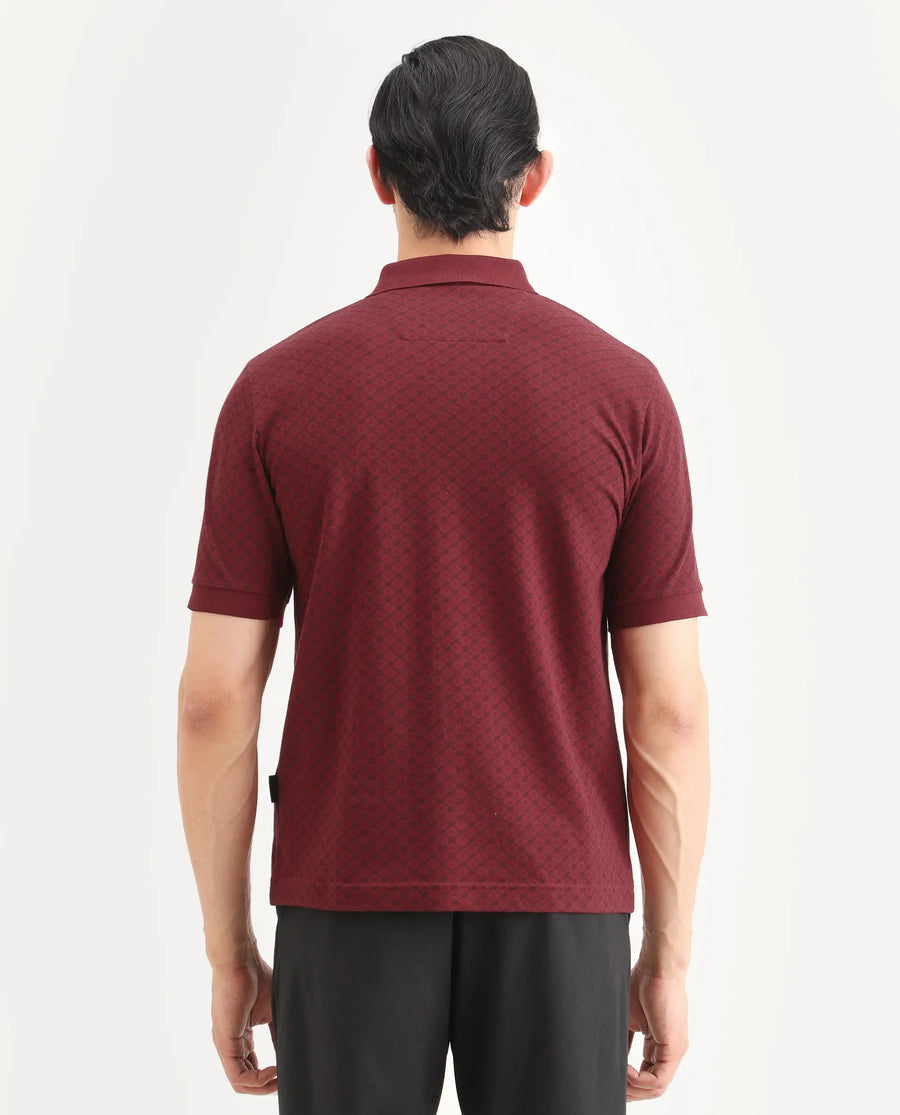 Rare Rabbit Men's Eran Red Cotton Blend Fabric Half Sleeve Spread Collar Regular Fit Geometric Print Polo