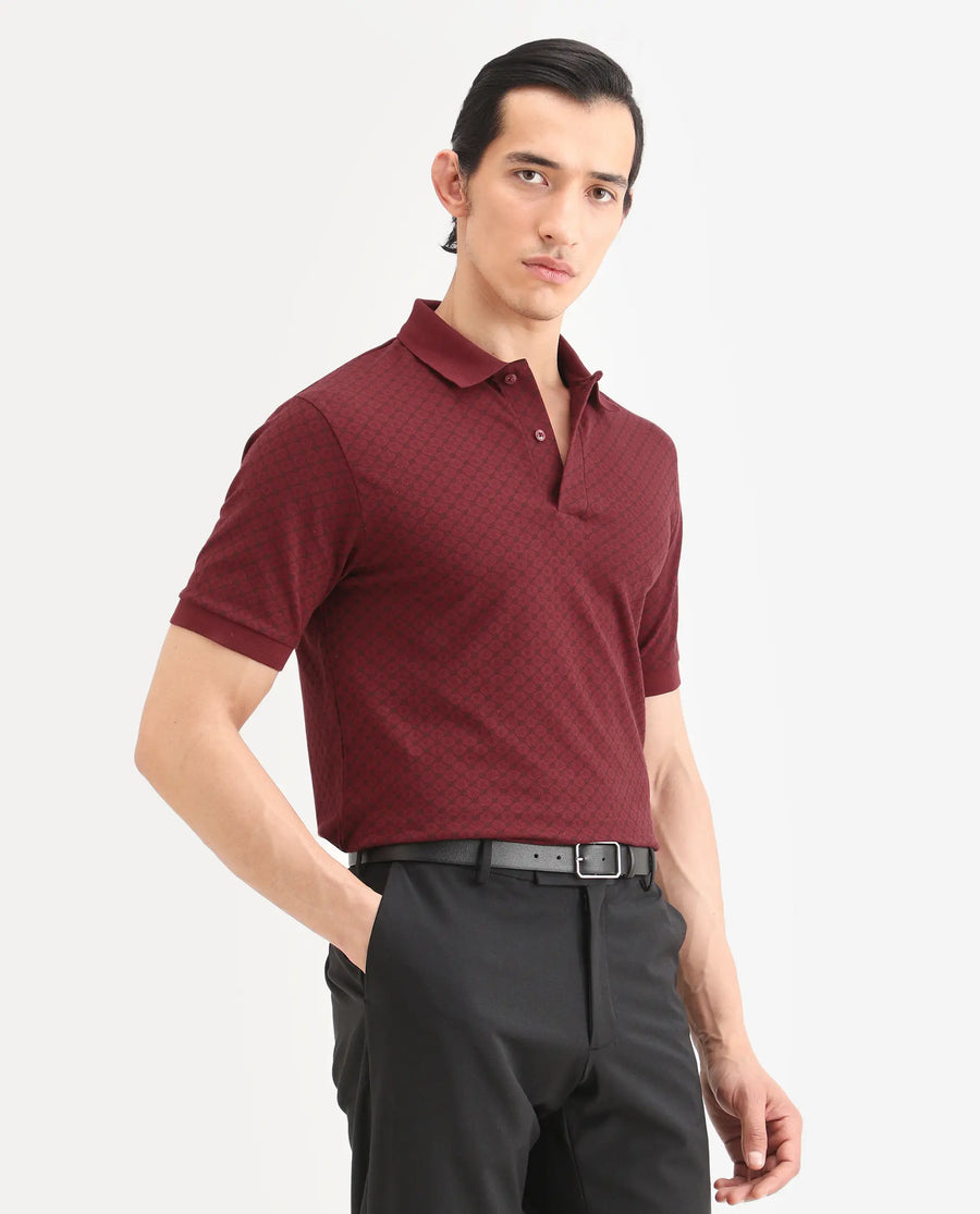 Rare Rabbit Men's Eran Red Cotton Blend Fabric Half Sleeve Spread Collar Regular Fit Geometric Print Polo