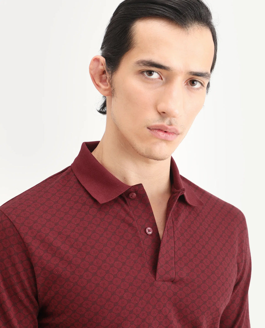 Rare Rabbit Men's Eran Red Cotton Blend Fabric Half Sleeve Spread Collar Regular Fit Geometric Print Polo