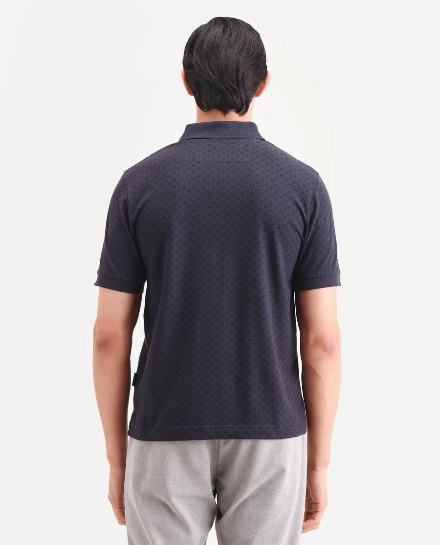 Rare Rabbit Men's Eran Navy Cotton Blend Fabric Half Sleeve Spread Collar Regular Fit Geometric Print Polo