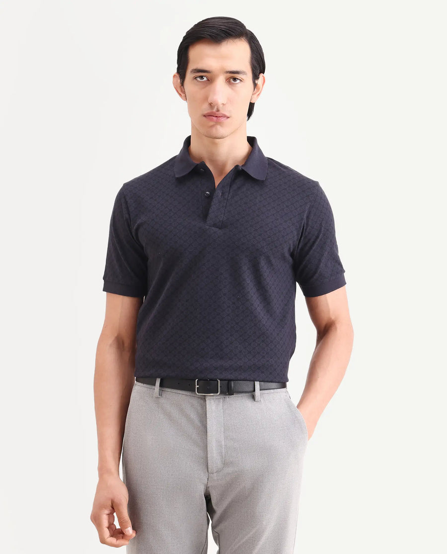 Rare Rabbit Men's Eran Navy Cotton Blend Fabric Half Sleeve Spread Collar Regular Fit Geometric Print Polo