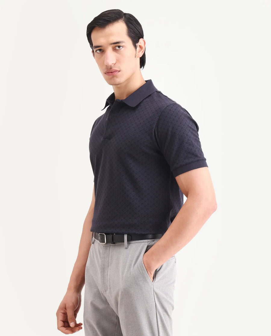 Rare Rabbit Men's Eran Navy Cotton Blend Fabric Half Sleeve Spread Collar Regular Fit Geometric Print Polo