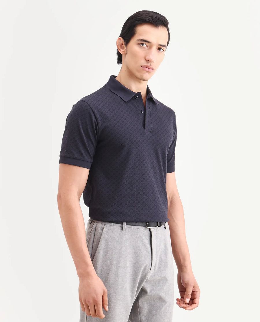 Rare Rabbit Men's Eran Navy Cotton Blend Fabric Half Sleeve Spread Collar Regular Fit Geometric Print Polo
