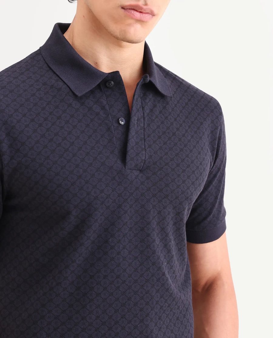 Rare Rabbit Men's Eran Navy Cotton Blend Fabric Half Sleeve Spread Collar Regular Fit Geometric Print Polo
