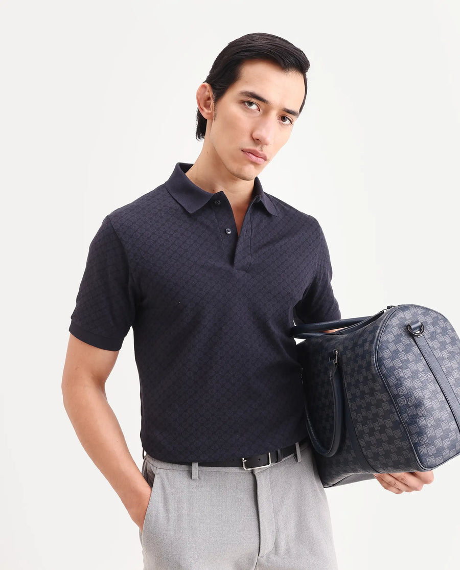 Rare Rabbit Men's Eran Navy Cotton Blend Fabric Half Sleeve Spread Collar Regular Fit Geometric Print Polo