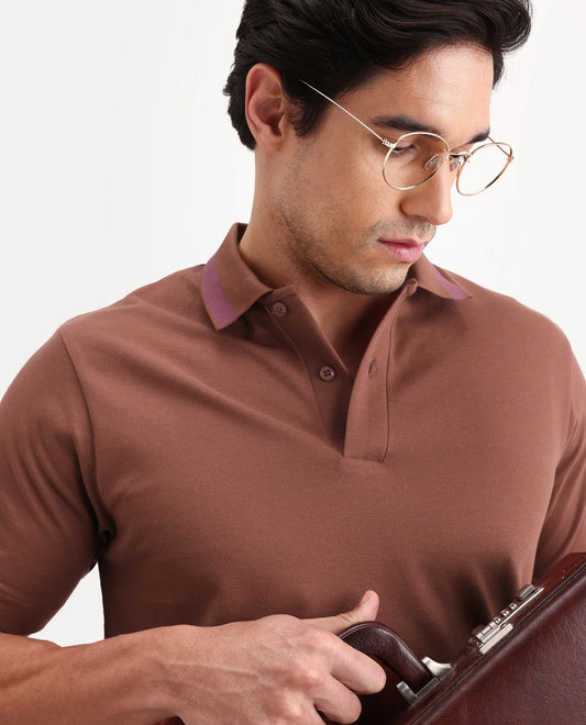Rare Rabbit Men's Flint Rust Cotton Fabric Half Sleeve Spread Collar Regular Fit Plain Polo
