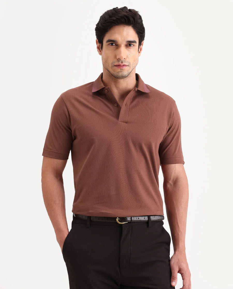Rare Rabbit Men's Flint Rust Cotton Fabric Half Sleeve Spread Collar Regular Fit Plain Polo