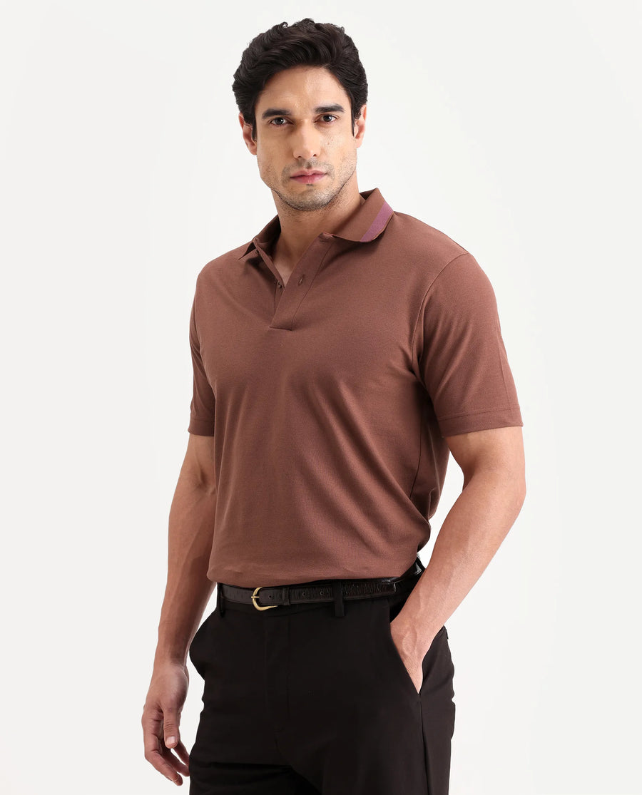Rare Rabbit Men's Flint Rust Cotton Fabric Half Sleeve Spread Collar Regular Fit Plain Polo