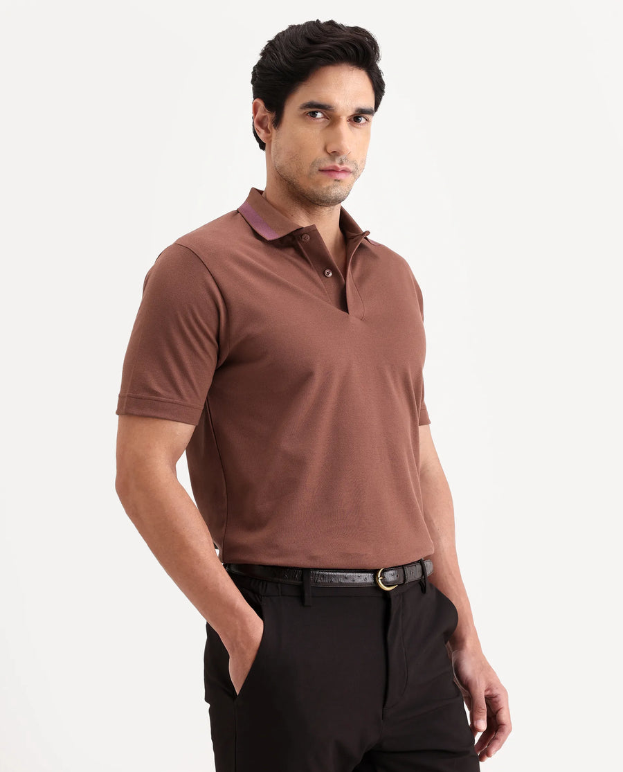 Rare Rabbit Men's Flint Rust Cotton Fabric Half Sleeve Spread Collar Regular Fit Plain Polo