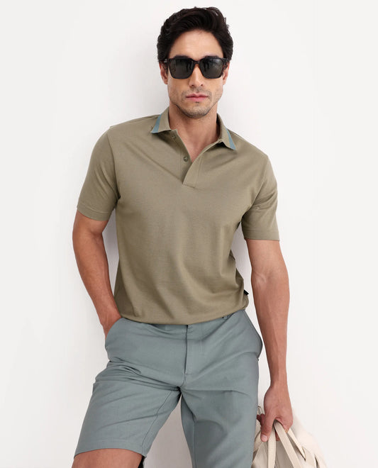 Rare Rabbit Men's Flint Dark Beige Cotton Fabric Half Sleeve Spread Collar Regular Fit Plain Polo