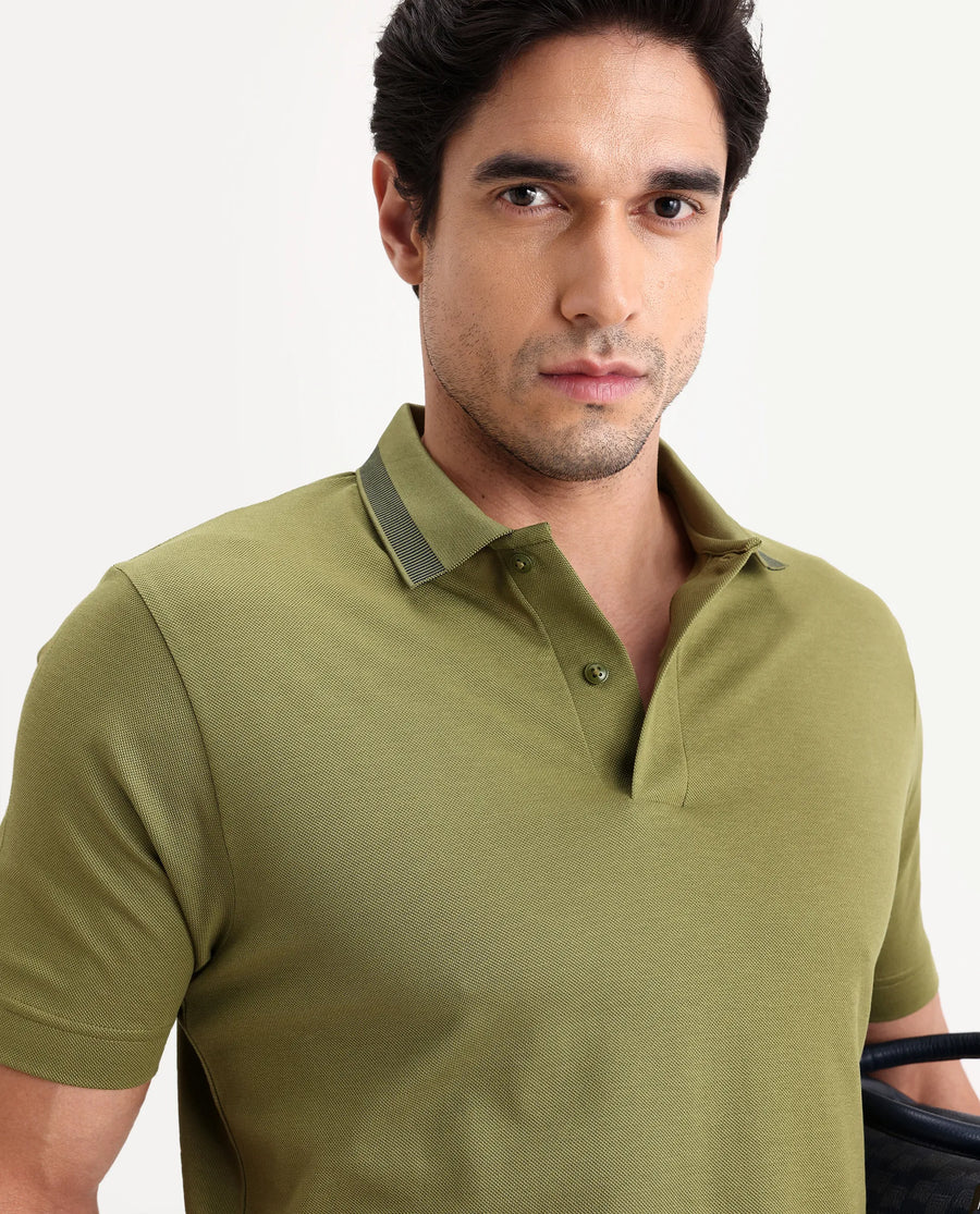 Rare Rabbit Men's Flint Olive Cotton Fabric Half Sleeve Spread Collar Regular Fit Plain Polo
