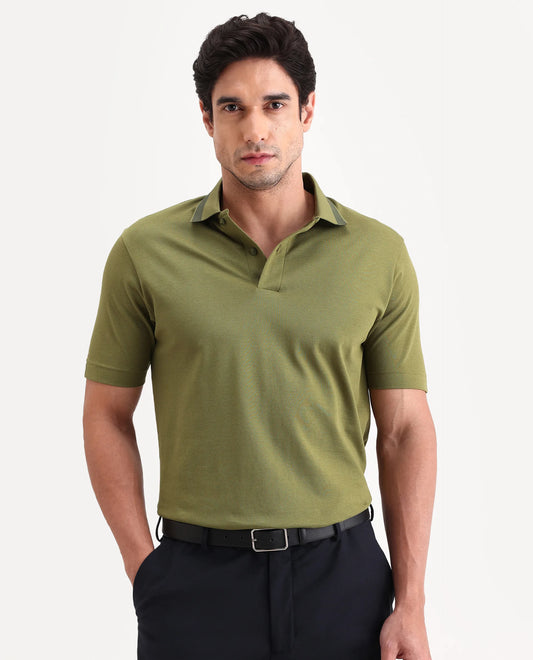 Rare Rabbit Men's Flint Olive Cotton Fabric Half Sleeve Spread Collar Regular Fit Plain Polo