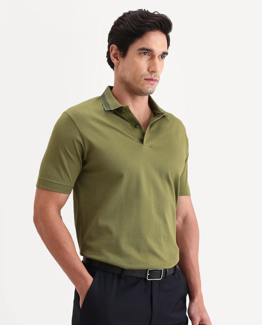 Rare Rabbit Men's Flint Olive Cotton Fabric Half Sleeve Spread Collar Regular Fit Plain Polo