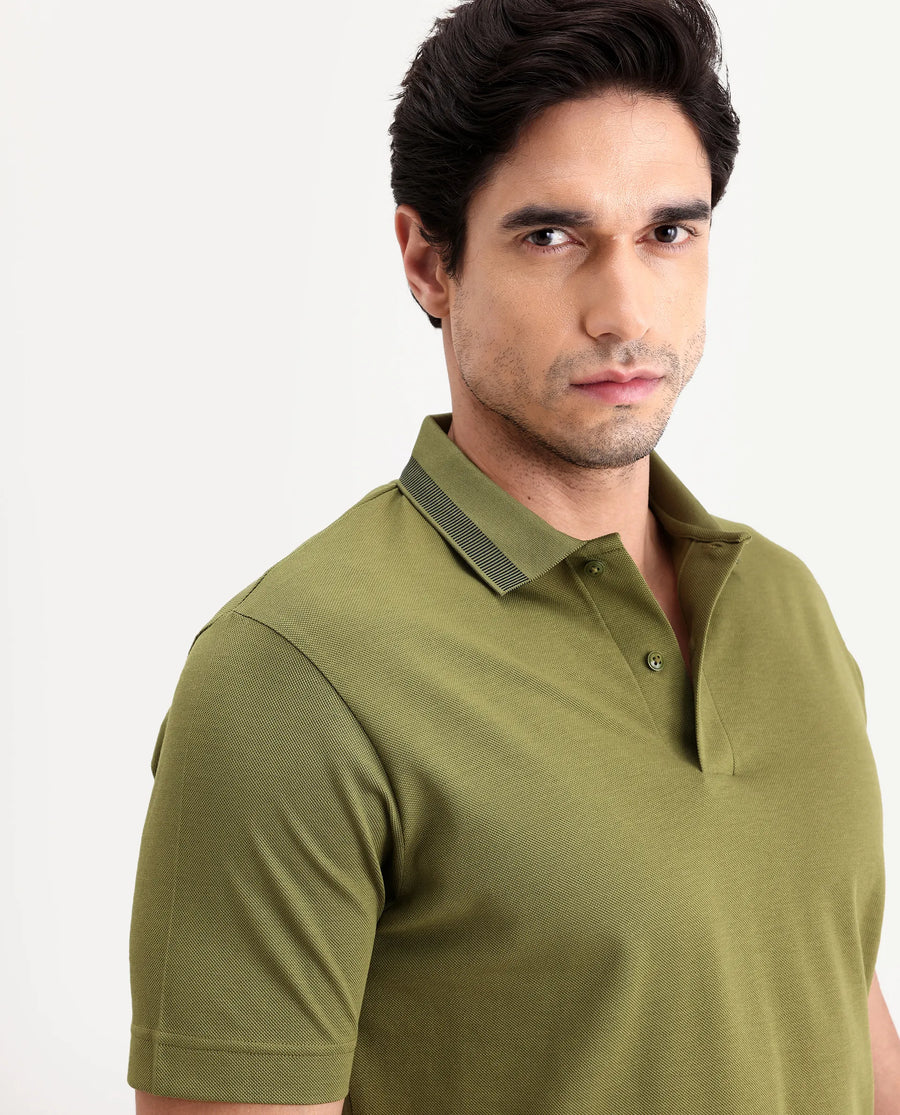 Rare Rabbit Men's Flint Olive Cotton Fabric Half Sleeve Spread Collar Regular Fit Plain Polo