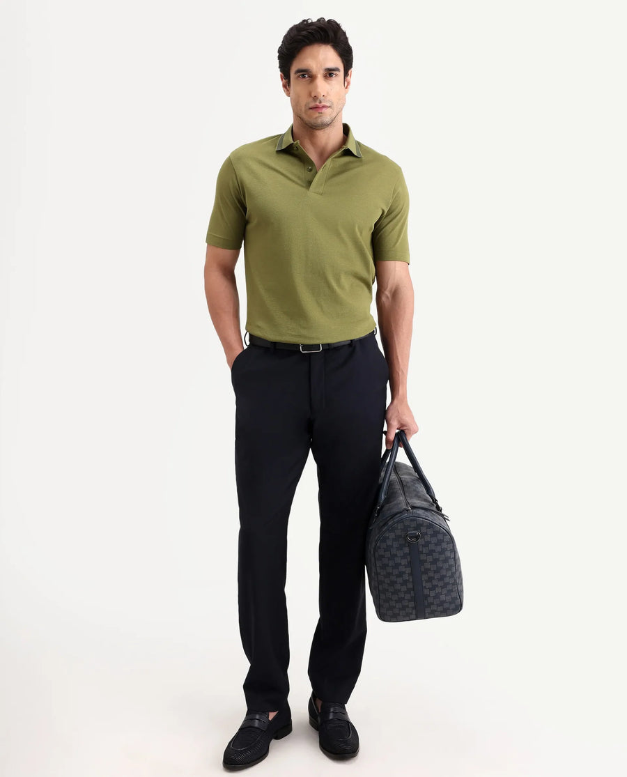 Rare Rabbit Men's Flint Olive Cotton Fabric Half Sleeve Spread Collar Regular Fit Plain Polo