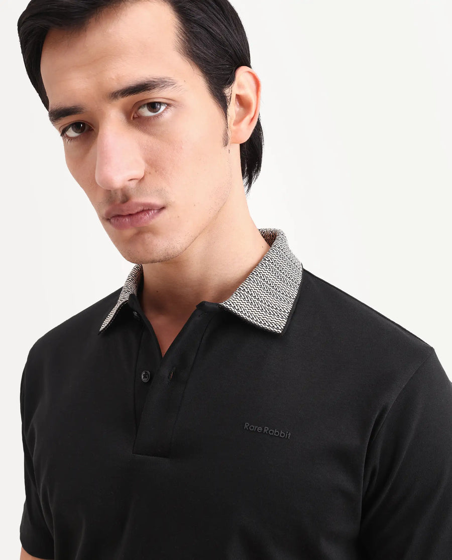 Rare Rabbit Men's Frep Black Cotton Fabric Half Sleeve Spread Collar Regular Fit Plain Polo