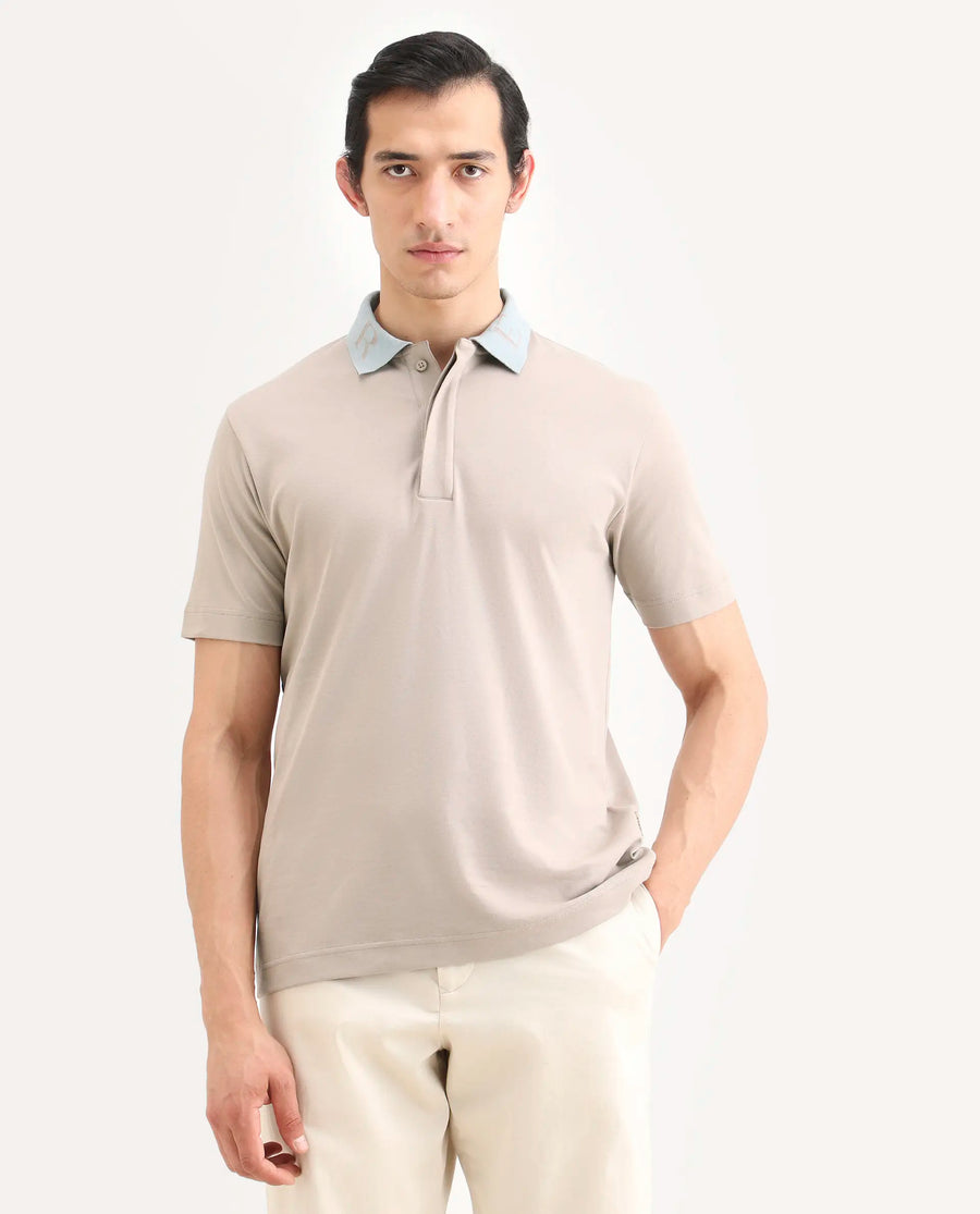 Rare Rabbit Men's Frow-S26 Beige Cotton Fabric Half Sleeve Spread Collar Regular Fit Plain Polo