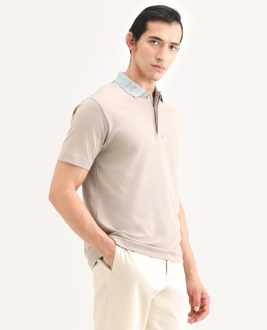Rare Rabbit Men's Frow-S26 Beige Cotton Fabric Half Sleeve Spread Collar Regular Fit Plain Polo