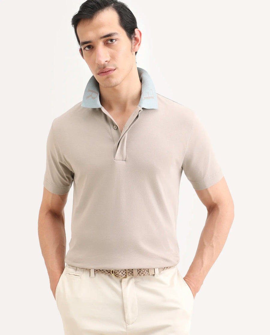 Rare Rabbit Men's Frow-S26 Beige Cotton Fabric Half Sleeve Spread Collar Regular Fit Plain Polo