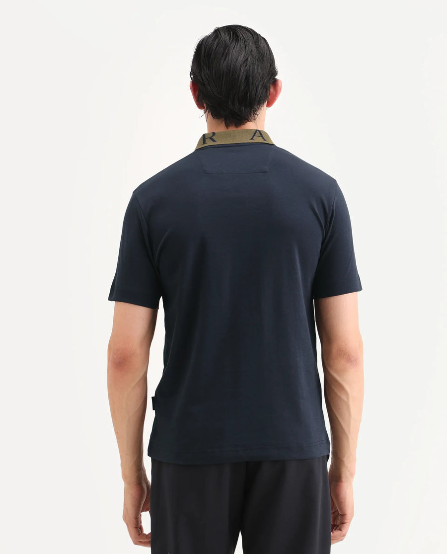 Rare Rabbit Men's Frow-S26 Navy Cotton Fabric Half Sleeve Spread Collar Regular Fit Plain Polo