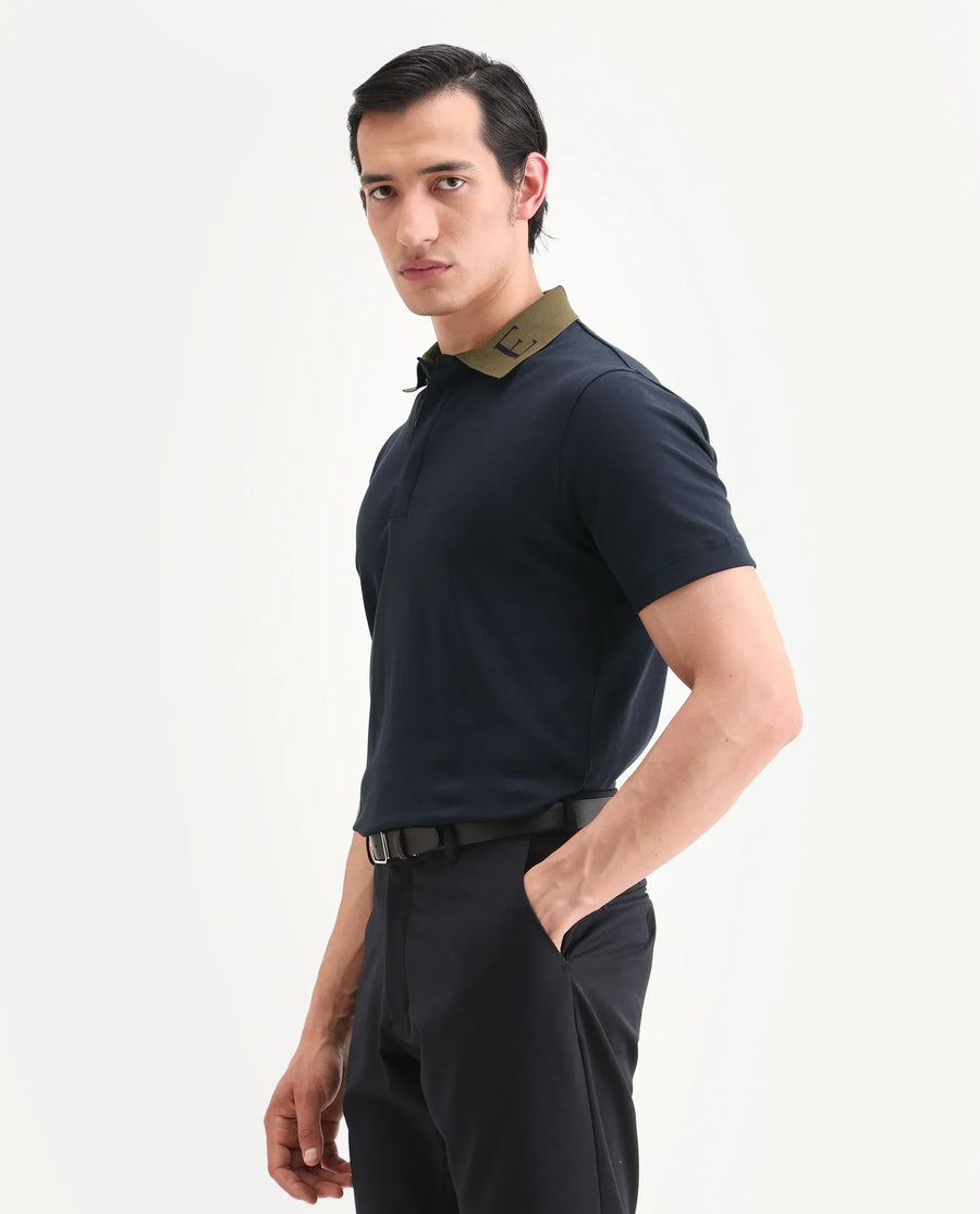 Rare Rabbit Men's Frow-S26 Navy Cotton Fabric Half Sleeve Spread Collar Regular Fit Plain Polo