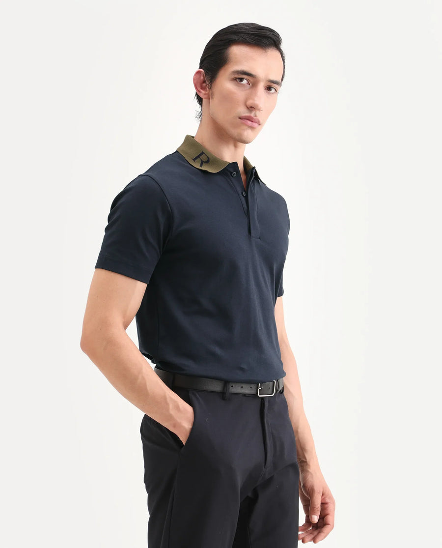 Rare Rabbit Men's Frow-S26 Navy Cotton Fabric Half Sleeve Spread Collar Regular Fit Plain Polo