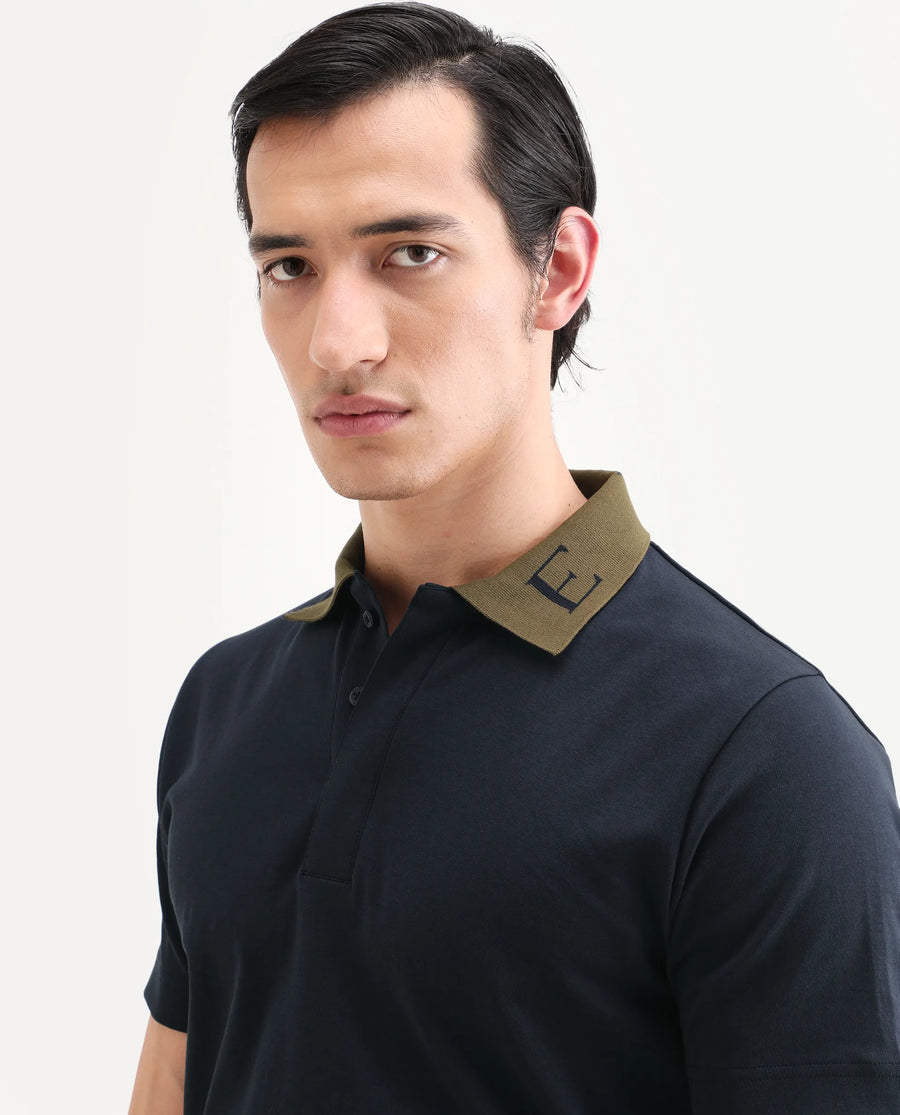 Rare Rabbit Men's Frow-S26 Navy Cotton Fabric Half Sleeve Spread Collar Regular Fit Plain Polo