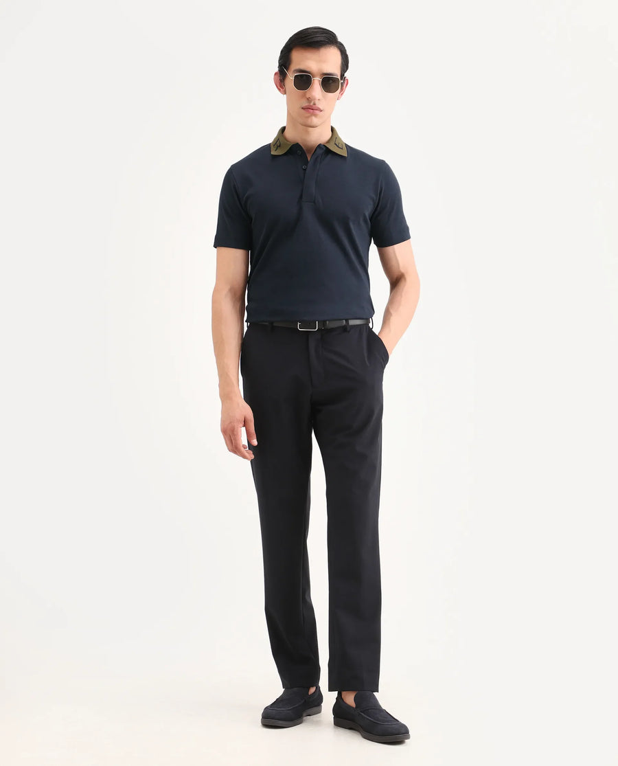 Rare Rabbit Men's Frow-S26 Navy Cotton Fabric Half Sleeve Spread Collar Regular Fit Plain Polo