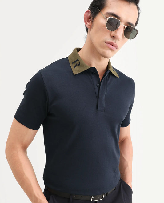Rare Rabbit Men's Frow-S26 Navy Cotton Fabric Half Sleeve Spread Collar Regular Fit Plain Polo
