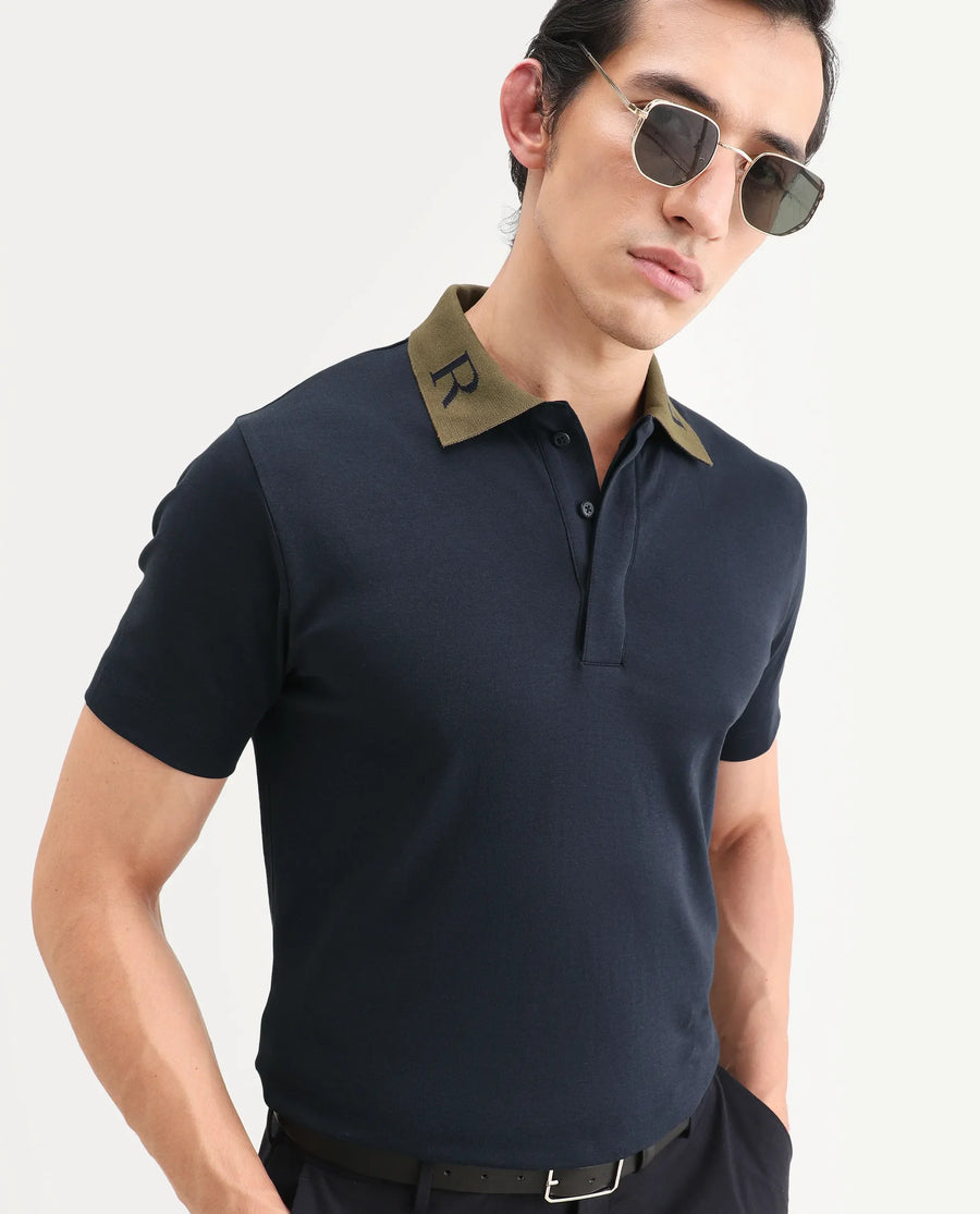 Rare Rabbit Men's Frow-S26 Navy Cotton Fabric Half Sleeve Spread Collar Regular Fit Plain Polo