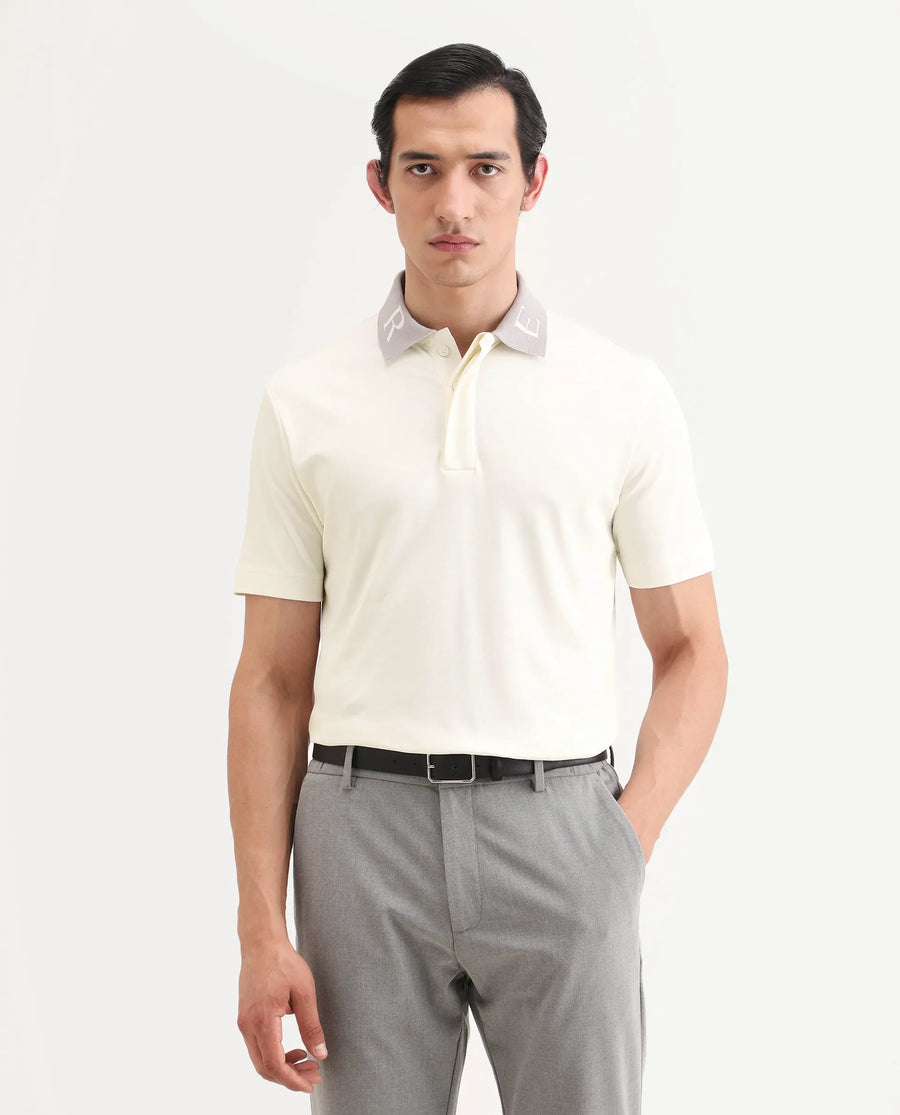 Rare Rabbit Men's Frow-S26 Off White Cotton Fabric Half Sleeve Spread Collar Regular Fit Plain Polo