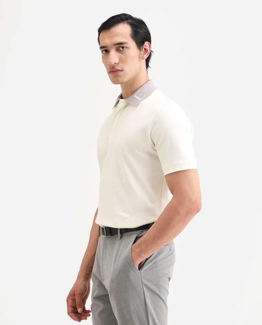 Rare Rabbit Men's Frow-S26 Off White Cotton Fabric Half Sleeve Spread Collar Regular Fit Plain Polo