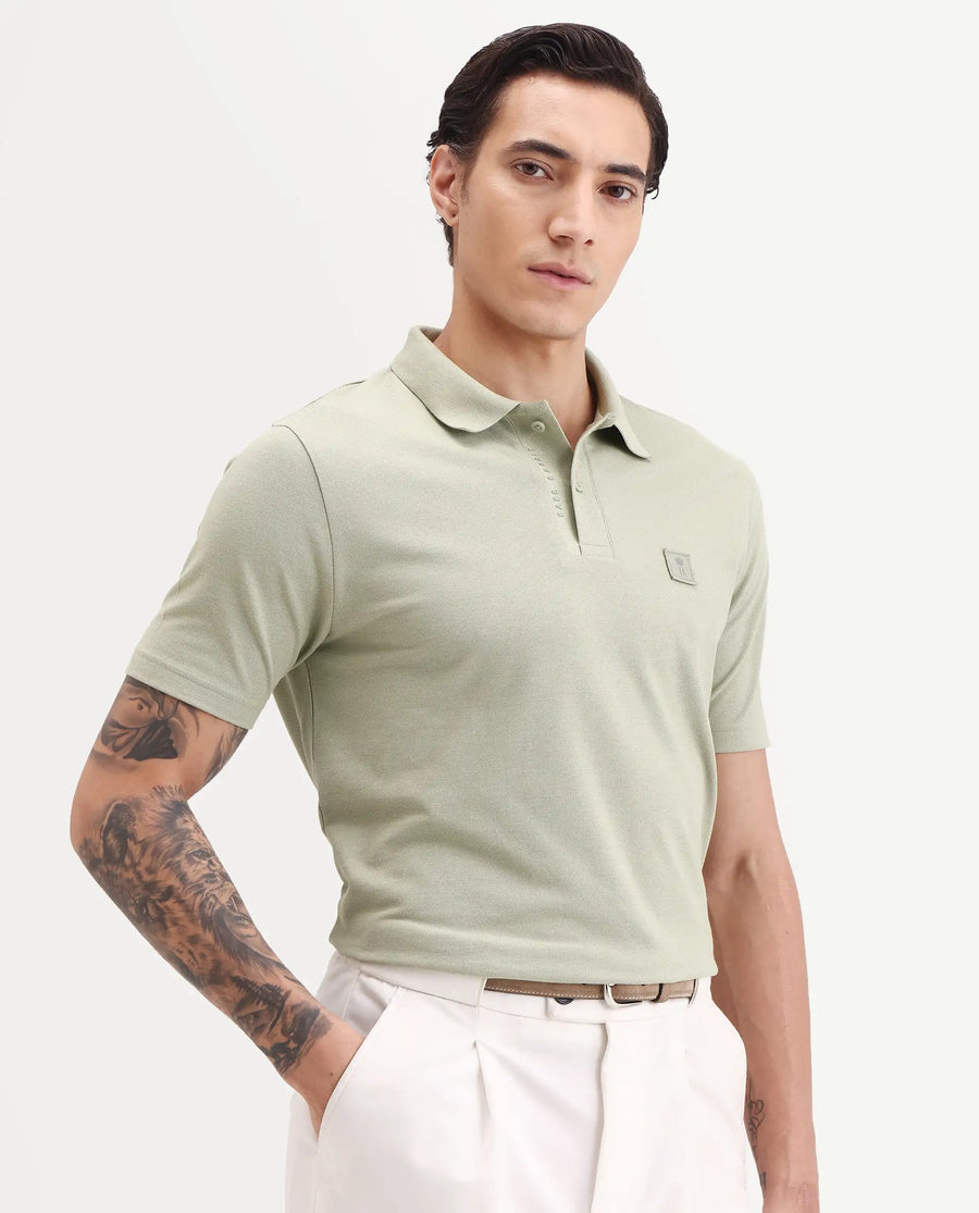 Rare Rabbit Men's Gamor Pastel Green Cotton Blend Fabric Half Sleeve Spread Collar Regular Fit Plain Polo